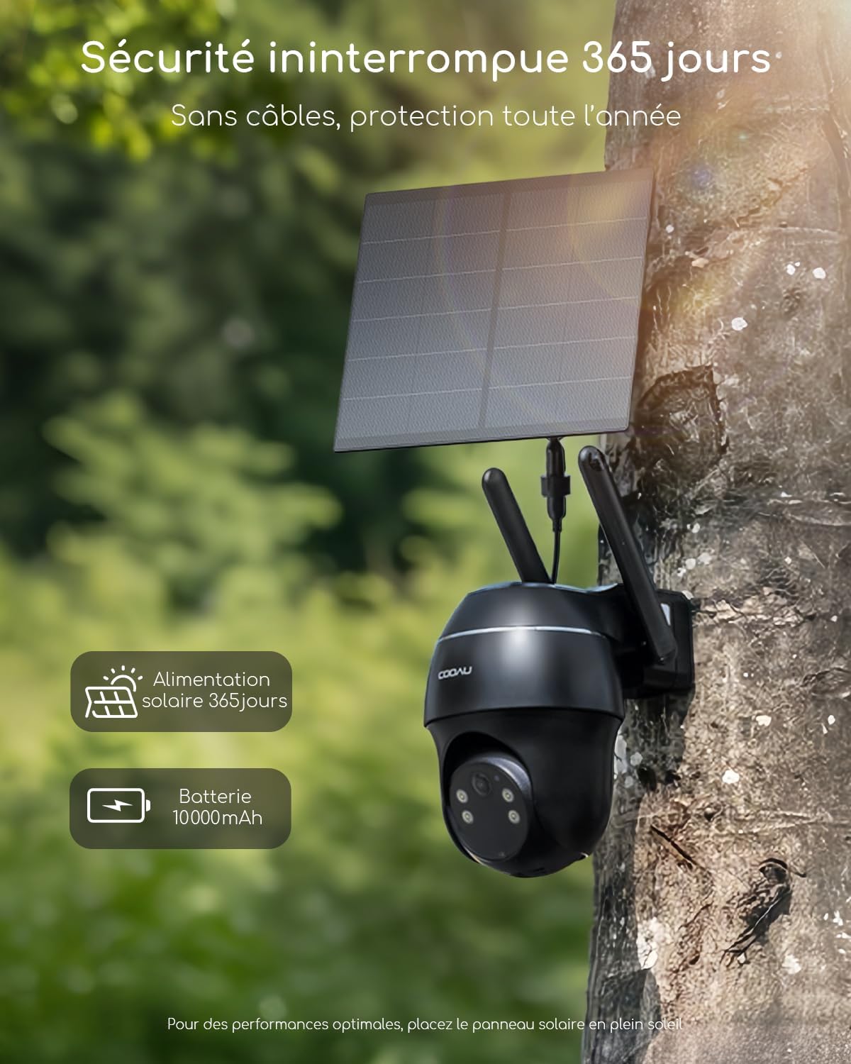 Caméra COOAU 4G installée en extérieur — vision nocturne et PTZ 360°